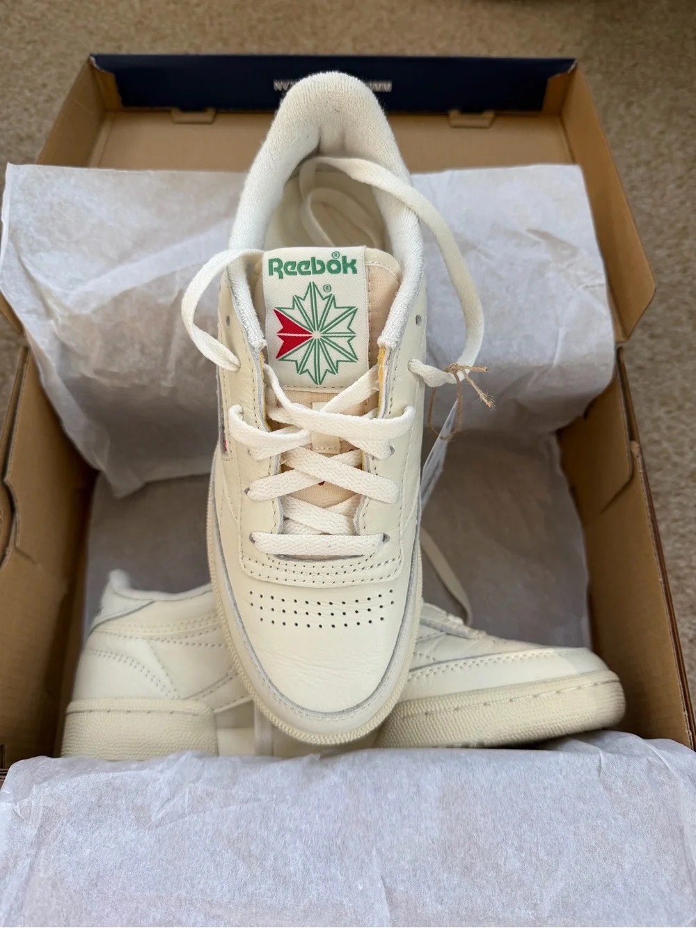 Reebok Kids Club C Vintage Sneakers in Off-White with Green and Red Accents